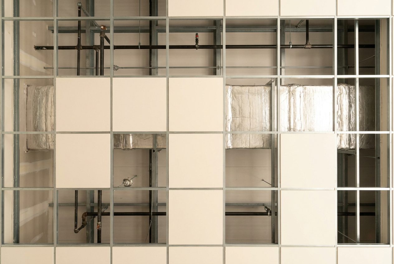 Suspended ceiling grid seen from below, mid-install