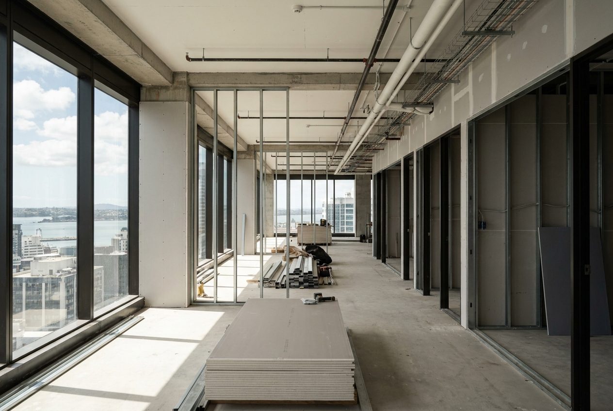 Mid-build commercial tower floorplate with steel-stud partitions and plasterboard going up