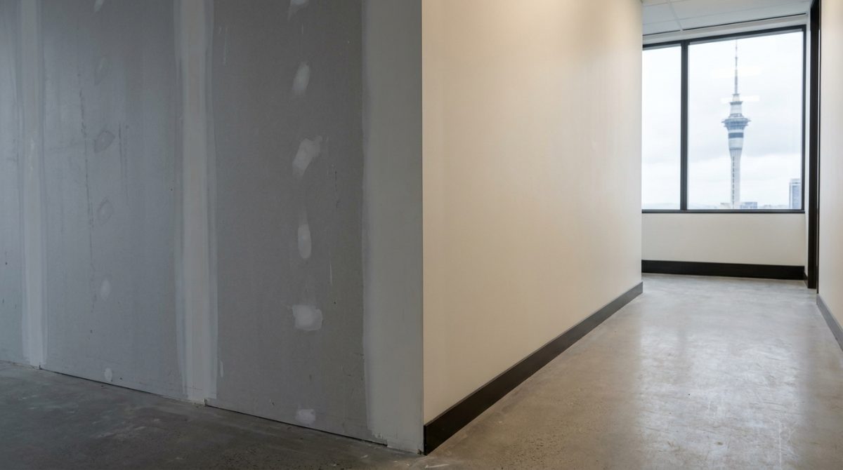 An upper-floor Auckland commercial fit-out corridor: a square-set internal corner runs floor to ceiling in the foreground, raw stopped plasterboard transitioning to a finished painted wall, with the Sky Tower visible through the window at the end