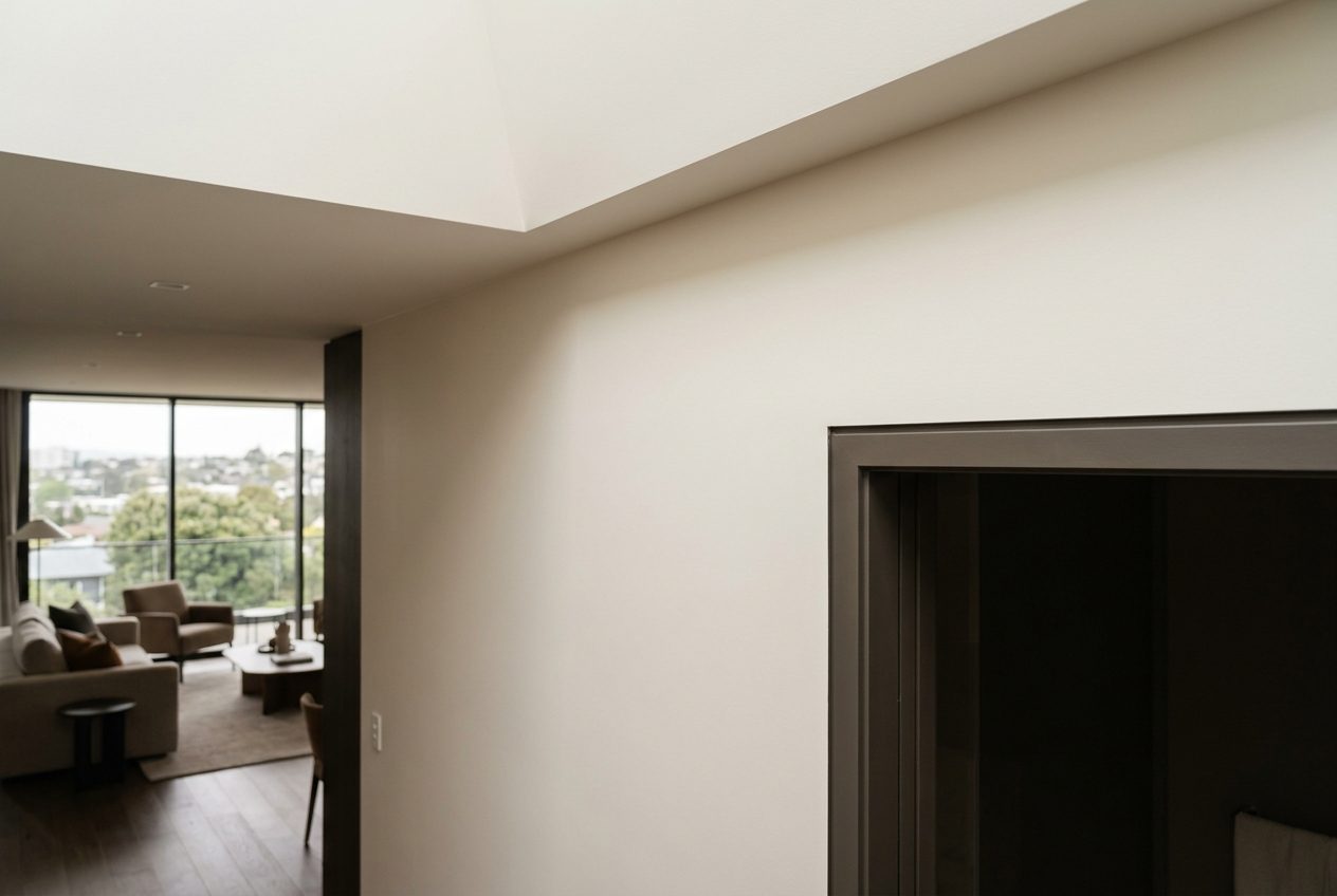 A painter cutting in a wall against a square-set ceiling in a high-end residence