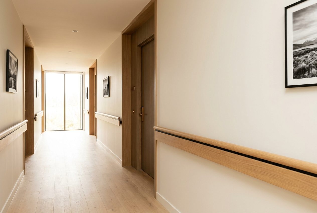 Long calm corridor inside a finished retirement village
